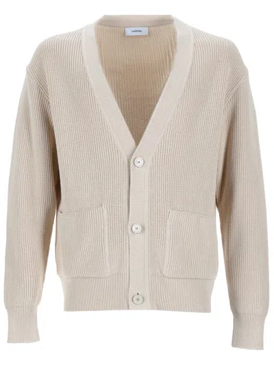 Lardini 100% Cotton Knit Cardigan In Beige