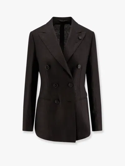 Lardini Adamsf Linen Blazer With Iconic Brooch In Black