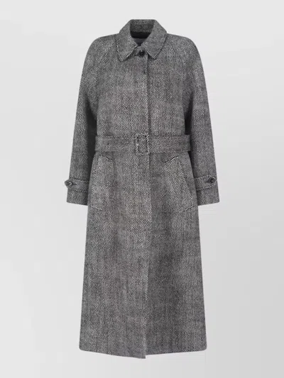 Lardini Belted Waist Herringbone Mid Length Coat In Gray