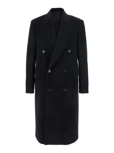 Lardini Black Double-breasted Coat With Peak Lapels In Wool Man