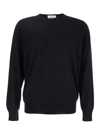 Lardini Black Round Neck Sweater With Long Sleeves In Wool And Silk Blend Man