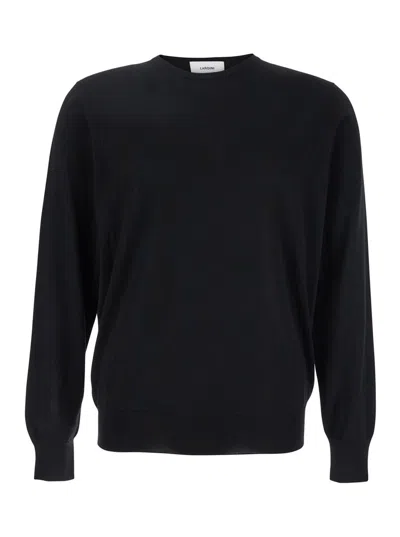 Lardini Black Round Neck Sweater With Long Sleeves In Wool And Silk Blend Man In Blue