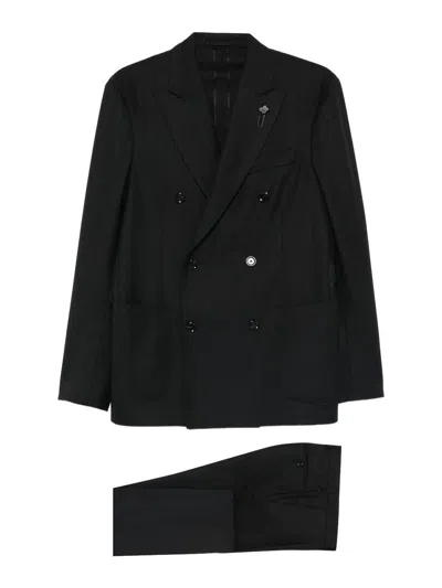 Lardini Black Wool Double-breasted Suit