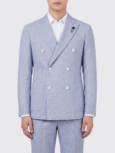 Lardini Double-breasted Jacket In Virgin Wool And Linen In Blue