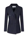 Lardini Double Breasted Pinstripe Blazer Flower Pin In Blue