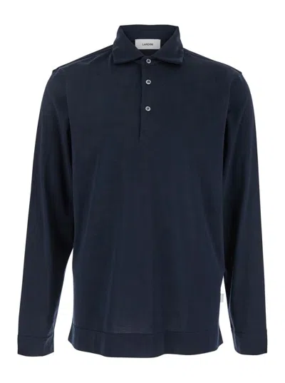 Lardini Blue Polo With Classic Collar And Long Sleeves In Cotton And Silk Blend Man