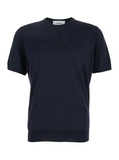 Lardini Blue Ribbed Crewneck Sweater In Wool And Silk Blend Man