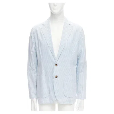 Pre-owned Lardini Blue White Stripe Seersucker Brown Shell 2 Button Blazer M