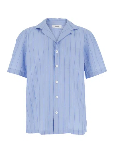 LARDINI BLUE SHIRT WITH ALL-OVER STRIPED MOTIF AND CUBAN COLLAR IN COTTON MAN