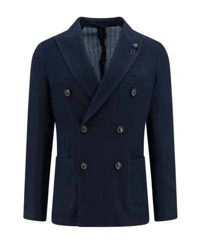 Lardini Brooch-detail Double-breasted Blazer In Black