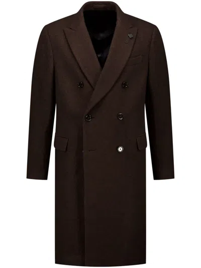 Lardini Brooch-detail Double-breasted Coat In Brown