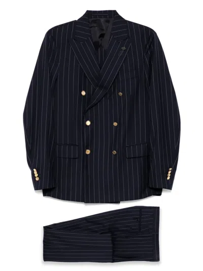 Lardini Brooch-detail Double Breasted Suit In Blue