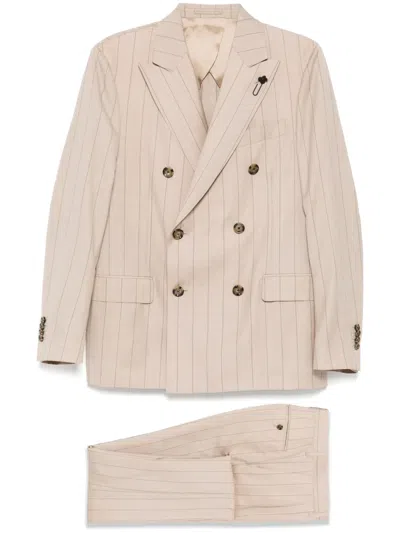 Lardini Striped Double Breasted Suit In Neutrals