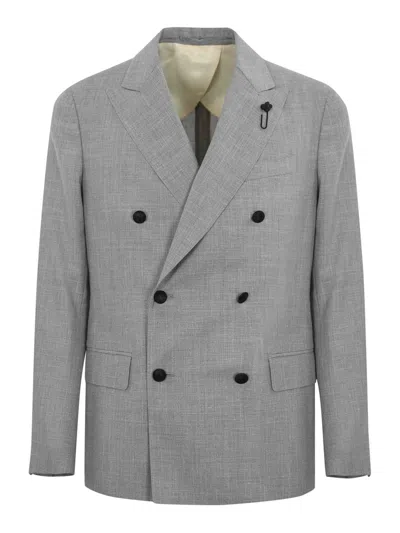 Lardini Double-breasted Jacket In Wool Silk And Linen In Gray