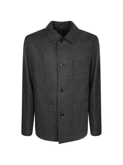 Lardini Check -pattern Long-sleeve Overshirt In Gray