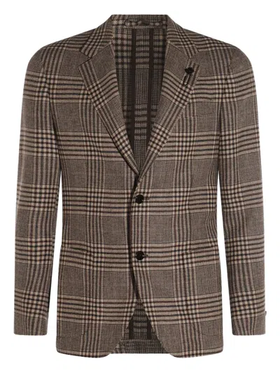 Lardini Checked Flower-brooch Blazer In Brown