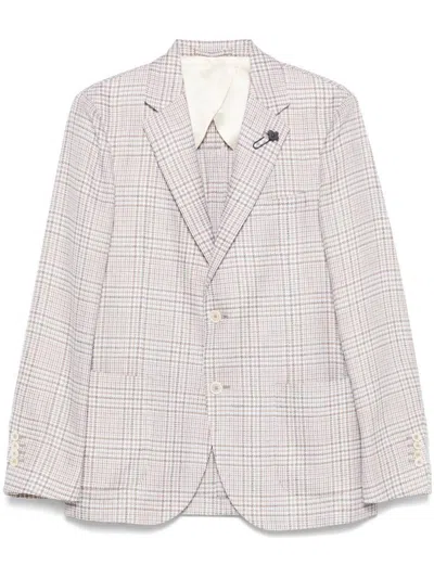 Lardini Checked Single-breasted Jacket In Beige Cotton And Linen In Gray