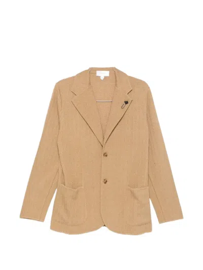 Lardini Chevron-knit Flower-pin Jacket In Brown