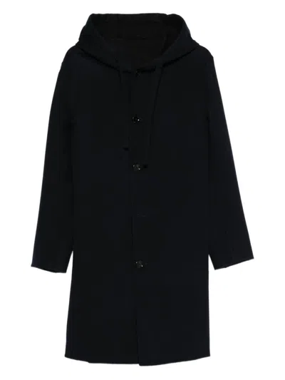 LARDINI CLASSIC BLACK VIRGIN WOOL COAT WITH HOOD AND FRONT BUTTON FASTENING