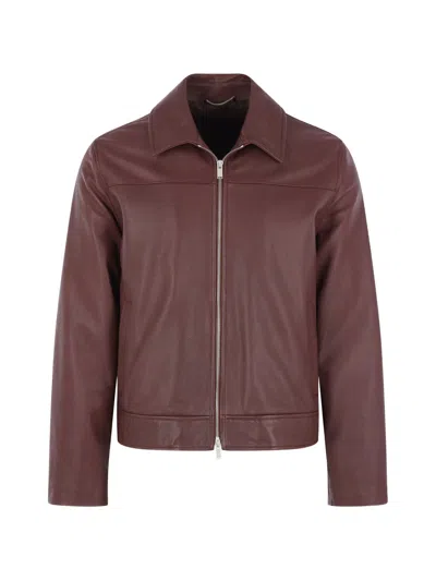 Lardini Classic Leather Jacket With Adjustable Hem In Burgundy