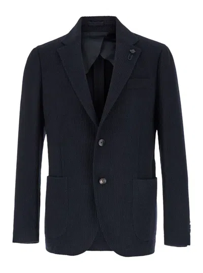 Lardini Blue Single-breasted Jacket With Logo Pin In Wool And Cotton Blend Man