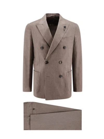 LARDINI COTTON AND CASHMERE SUIT WITH ICONIC BROOCH