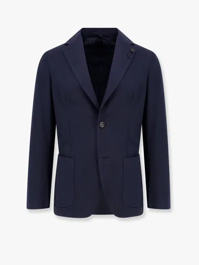 Lardini Cotton Blazer With Iconic Brooch In Blue