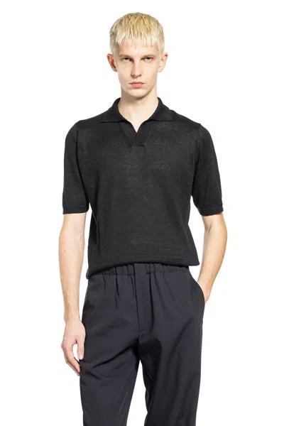 Lardini Cotton Linen Knit Polo In Black