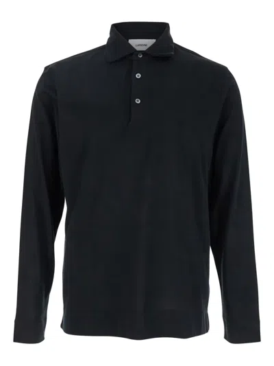 Lardini Black Polo With Classic Collar And Long Sleeves In Cotton And Silk Blend Man