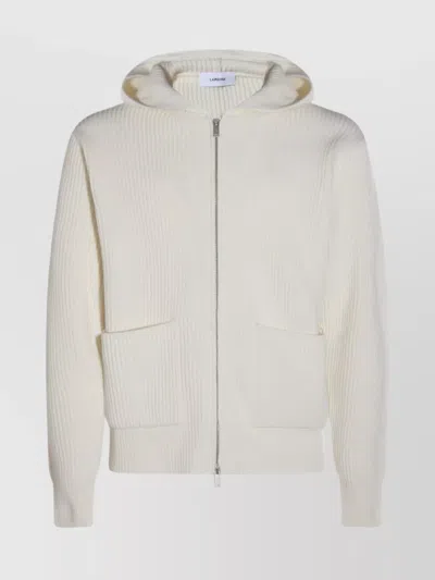 Lardini Crewneck Sweater With Front Pockets And Hood In White
