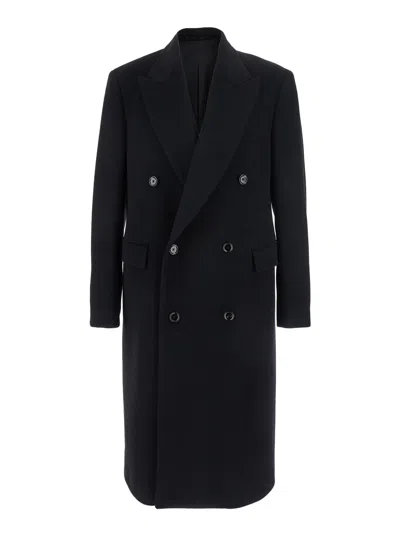 LARDINI BLACK DOUBLE-BREASTED COAT WITH PEAK LAPELS IN WOOL MAN