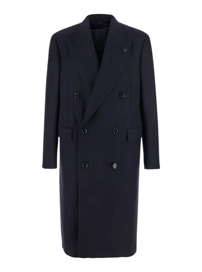 LARDINI BLUE DOUBLE-BREASTED COAT WITH PEAK LAPELS IN WOOL MAN