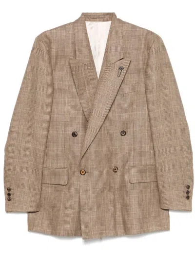 Lardini Double-breasted Brown Jacket With Textured Plaid Pattern In Pink