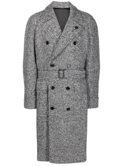 Lardini Double-breasted Coat With Textured Fabric In Gray