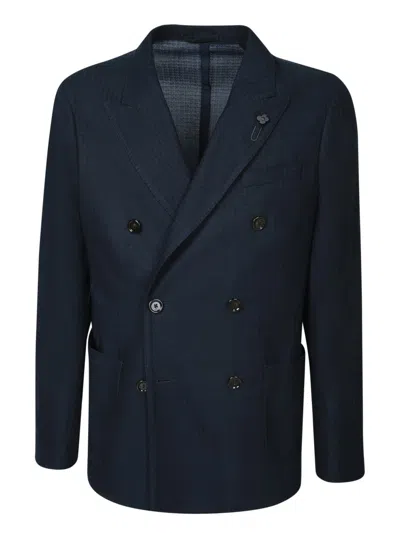 Lardini Double-breasted Cotton Blazer With Knit Texture In Blue