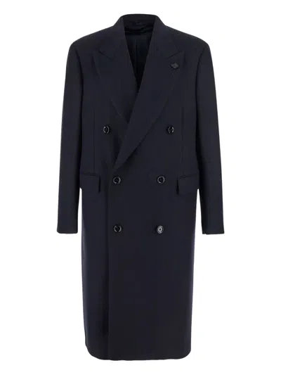 Lardini Double-breasted Herringbone Coat In Blue