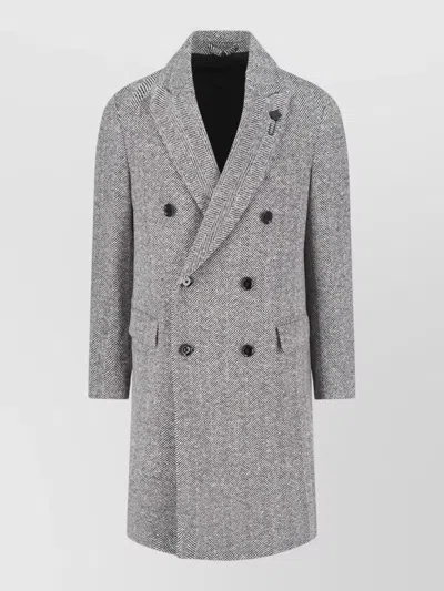 Lardini Double Breasted Herringbone Coat Notched Lapel In Gray
