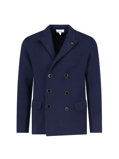 Lardini Double-breasted Knit Blazer In Blue