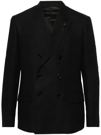 Lardini Linen Double-breasted Blazer With Lapel Pin In Black