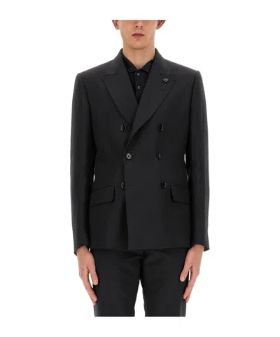 Lardini Double-breasted Linen Blazer In Black