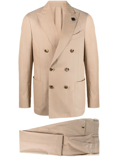 Lardini Double-breasted Logo-plaque Suit In Nude