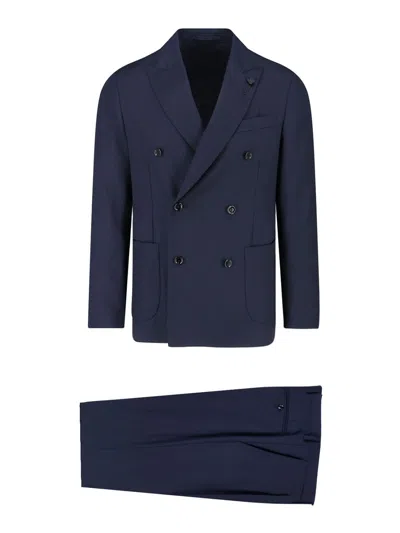 Lardini Double-breasted Suit In Virgin Wool In Blue