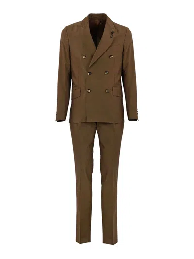 Lardini Double-breasted Suit In Wool And Cotton In Brown