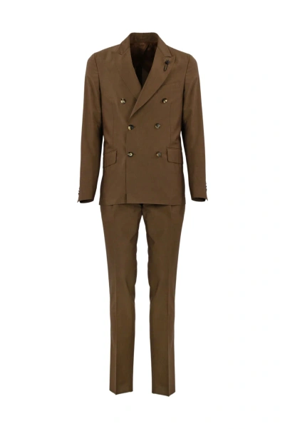 Lardini Double-breasted Suit In Wool And Cotton In Brown