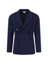 Lardini Textured Weave Double-breasted Knit Jacket In Blue
