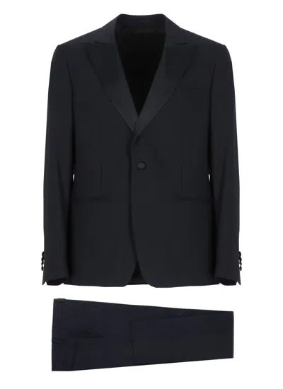 Lardini Double-breasted Virgin Wool Suit In Black