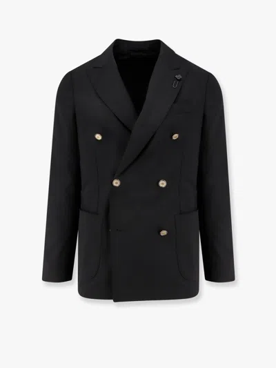 Lardini Double-breasted Wool Blazer With Iconic Brooch In Blue