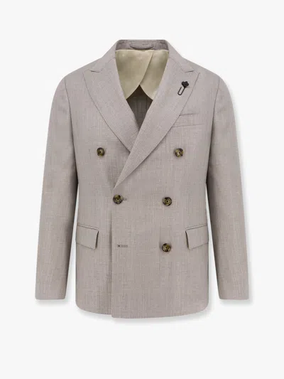 Lardini Double-breasted Wool Blend Blazer With Iconic Brooch In Gray