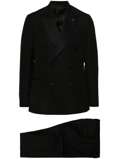 Lardini Double-breasted Wool-blend Suit In Black