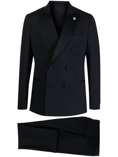 Lardini Double-breasted Wool Suit In Blue